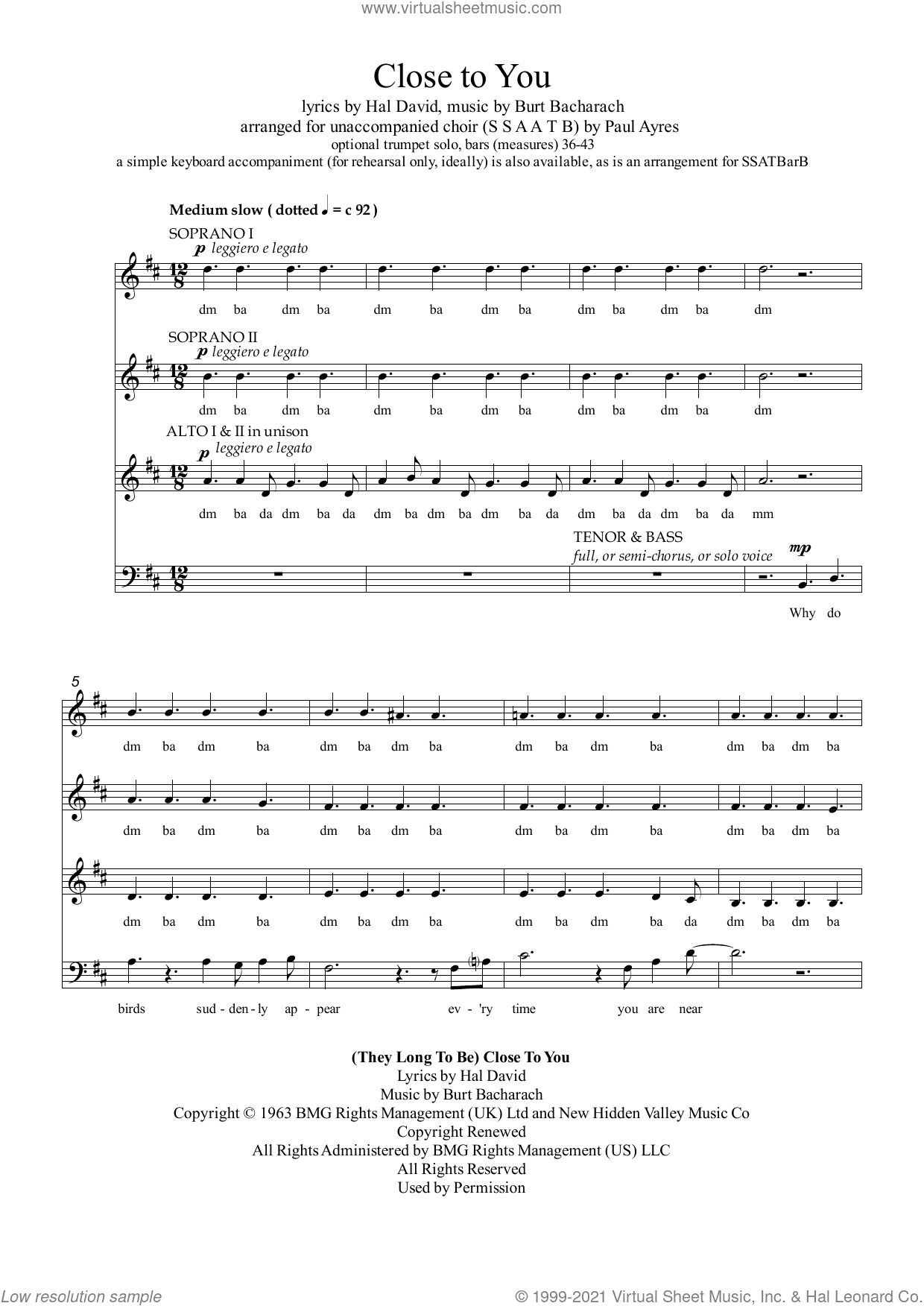 Close To You (arr. Paul Ayres)