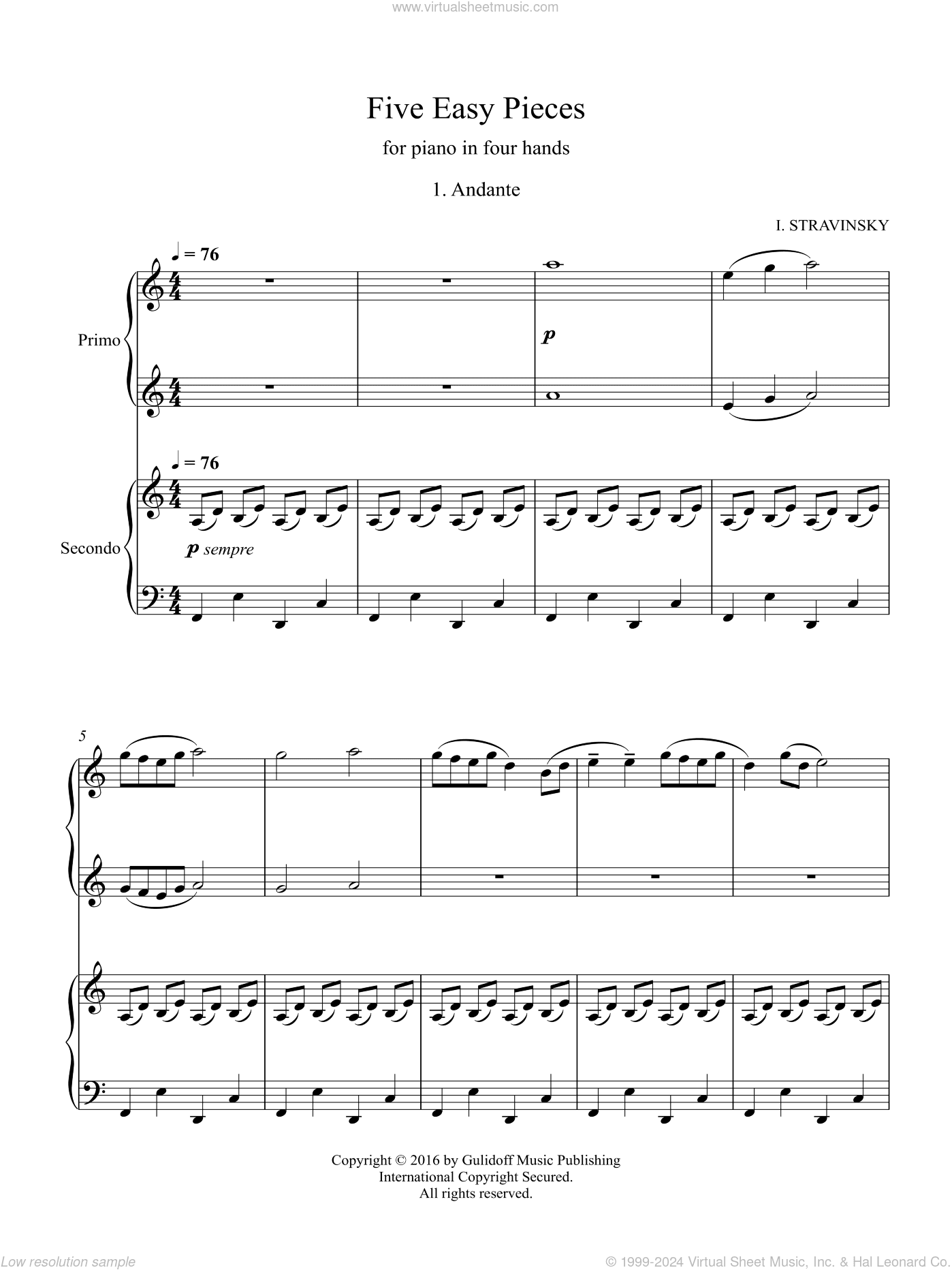 Five Easy Pieces for piano in four hands, No. 1: Andante