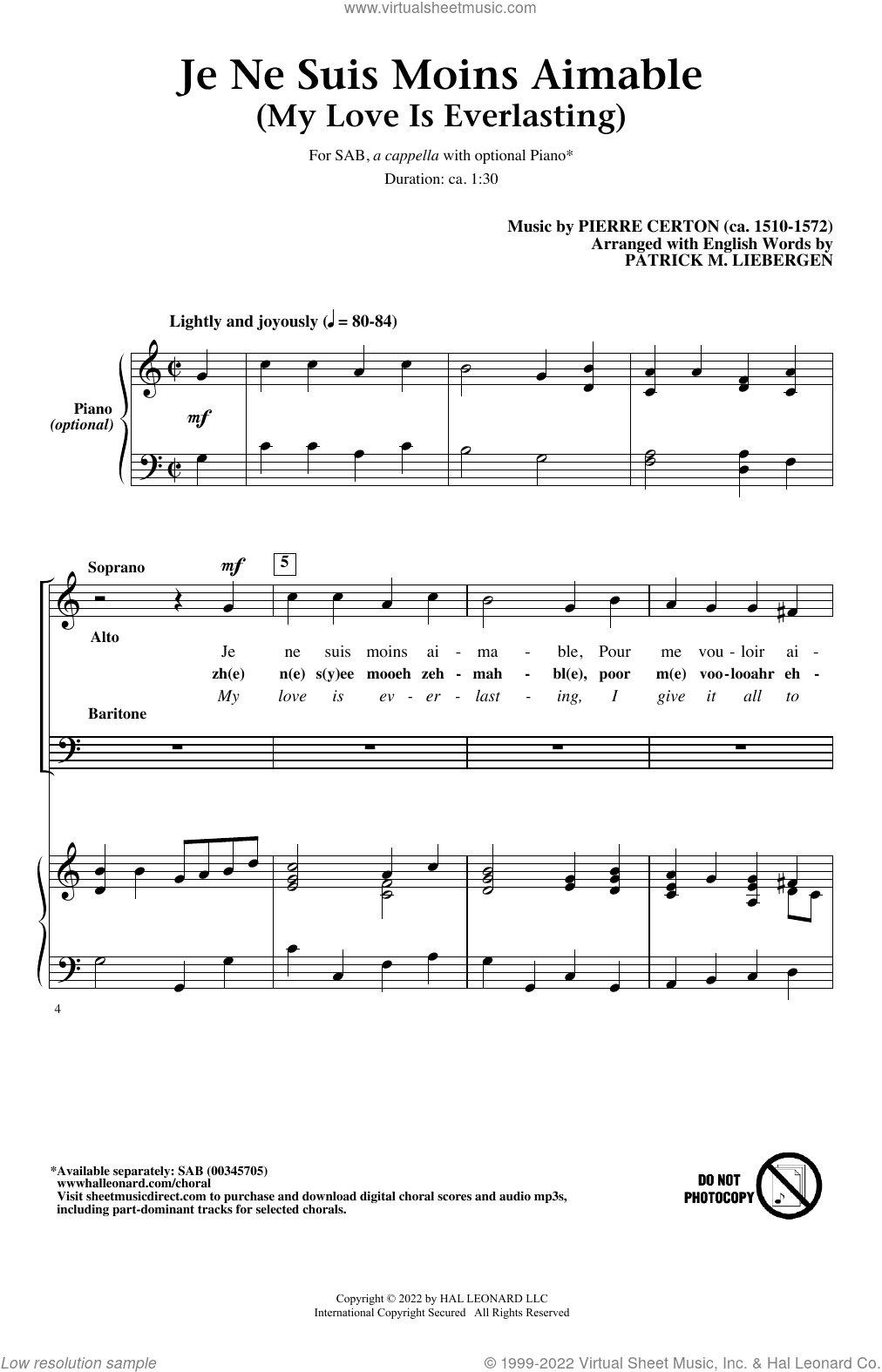 Je Ne Suis Moins Aimable (My Love Is Everlasting) (arr. Patrick M. Liebergen)