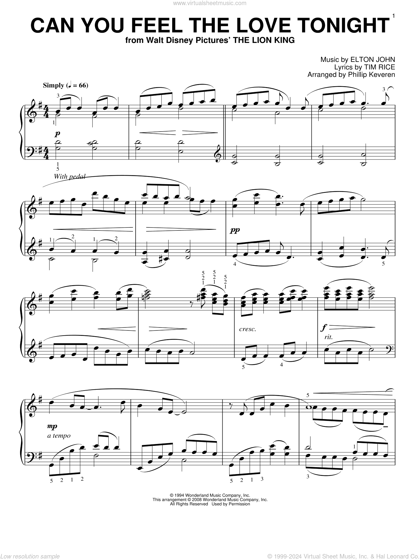 Can You Feel The Love Tonight [Classical version] (from The Lion King) (arr. Phillip Keveren)