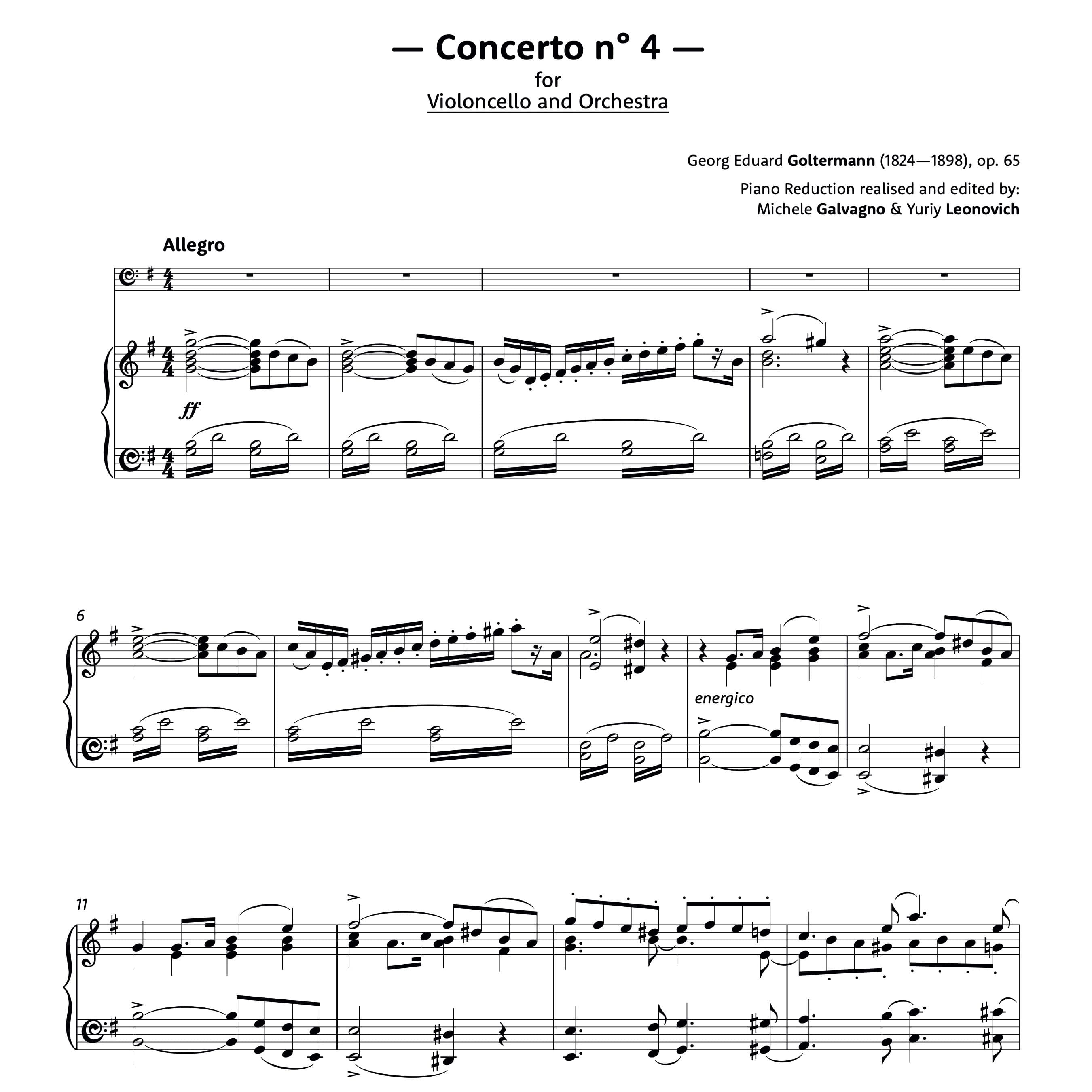 Concerto for Violoncello and Orchestra no. 4 in G major - Op. 65 (Piano Reduction) (arr. Michele Galvagno & Yuriy Leonovich)
