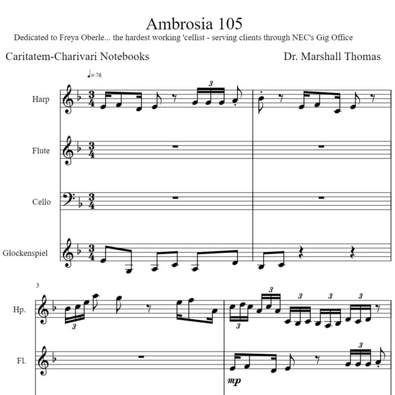 Ambrosia 105 for Harp, Flute, 'cello, Glock.