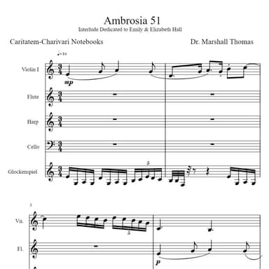 Ambrosia 51 for Violin, Flute, Harp, 'cello, Glock.