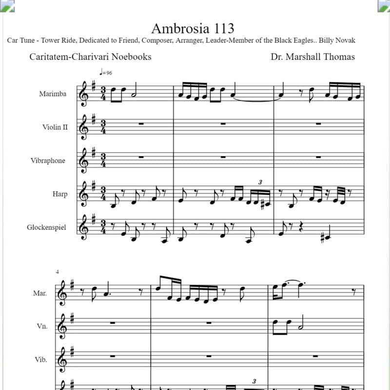 Ambrosia 113 for Marimba, Violin, Vib., Harp, Glock.