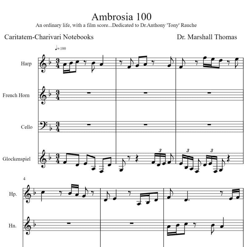 Ambrosia 100 for Harp, Corno, 'cello, Glock.
