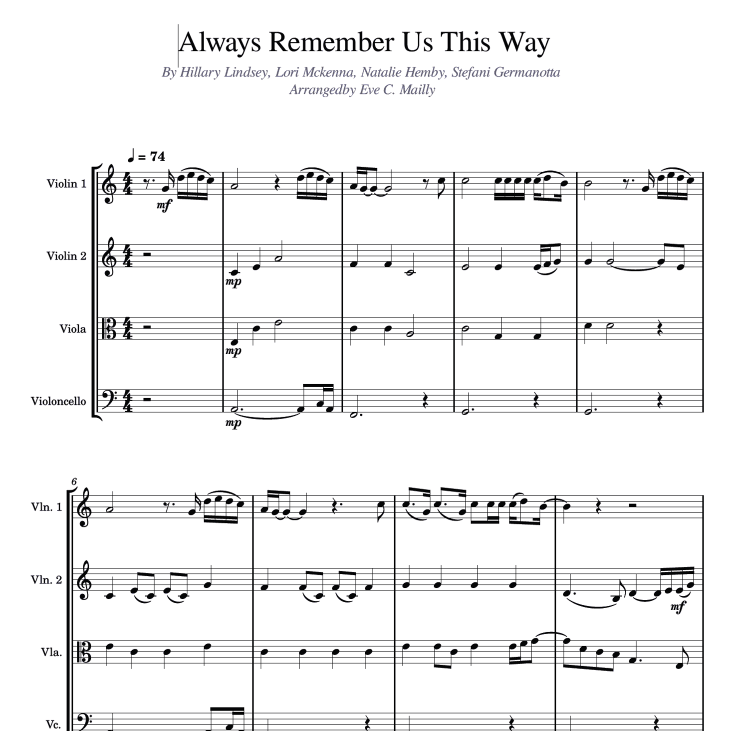 Always Remember Us This Way (arr. Eve C. Mailly -  Zene Strings)