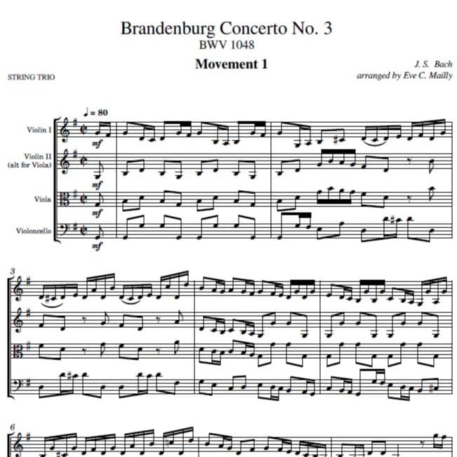 Brandenburg Concerto No.3, all mvts., BWV1048  by J.S. Bach - STRING TRIO (arr. Eve C. Mailly - Zene Strings)