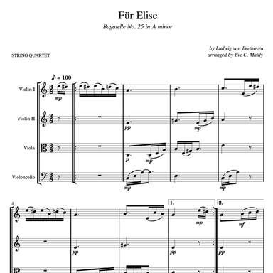 Für Elise (Bagatelle No. 25 in A minor) - String Quartet (arr. Eve C. Mailly - Zene Strings)
