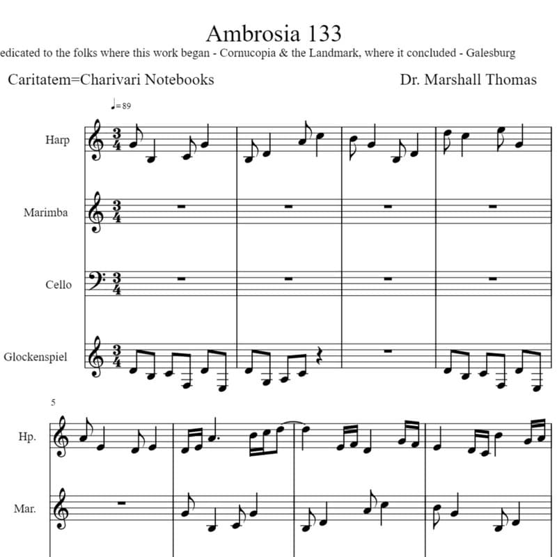 Ambrosia 133 for Harp, Marimba, 'cello, Glock.