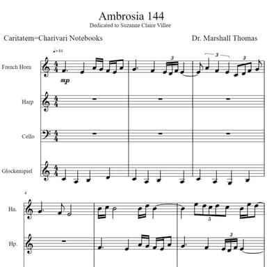 Ambrosia 144 for Corno, Harp, 'cello, Glockenspiel