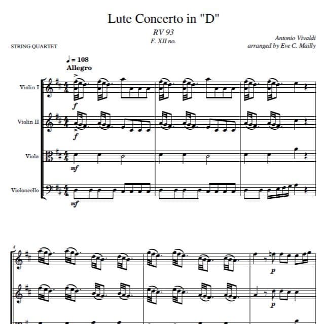 Concerto in D, RV 93 - ALL MOVEMENTS - Vivaldi  - arranged for String Quartet (arr. Eve C. Mailly - Zene Strings)