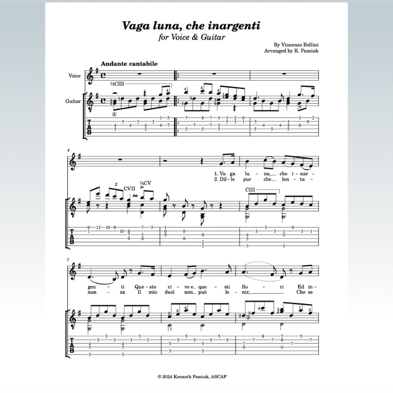 Vaga luna, che inargenti (for Voice & Guitar) (arr. Kenneth Pasciak)