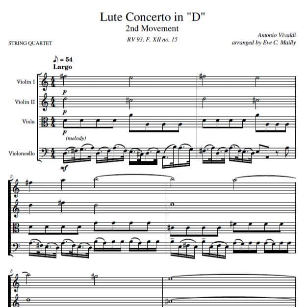 Concerto in D, RV 93 - 2nd Movement - Largo - Vivaldi (String Quartet) (arr. Eve C. Mailly - Zene Strings)
