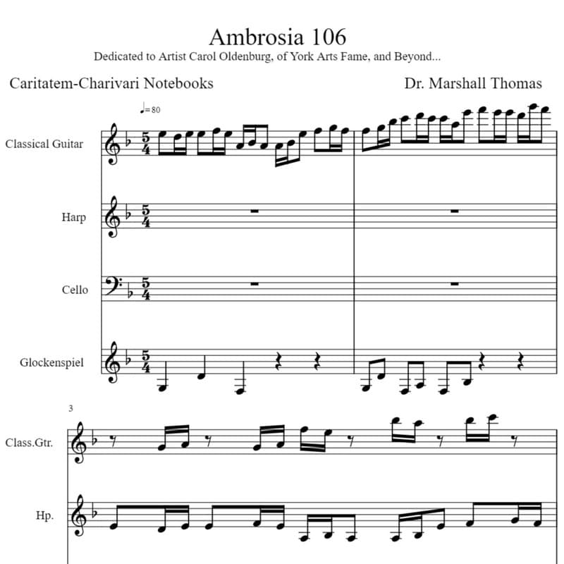 Ambrosia 106 for Guitar, Harp, 'cello, Glockenspiel