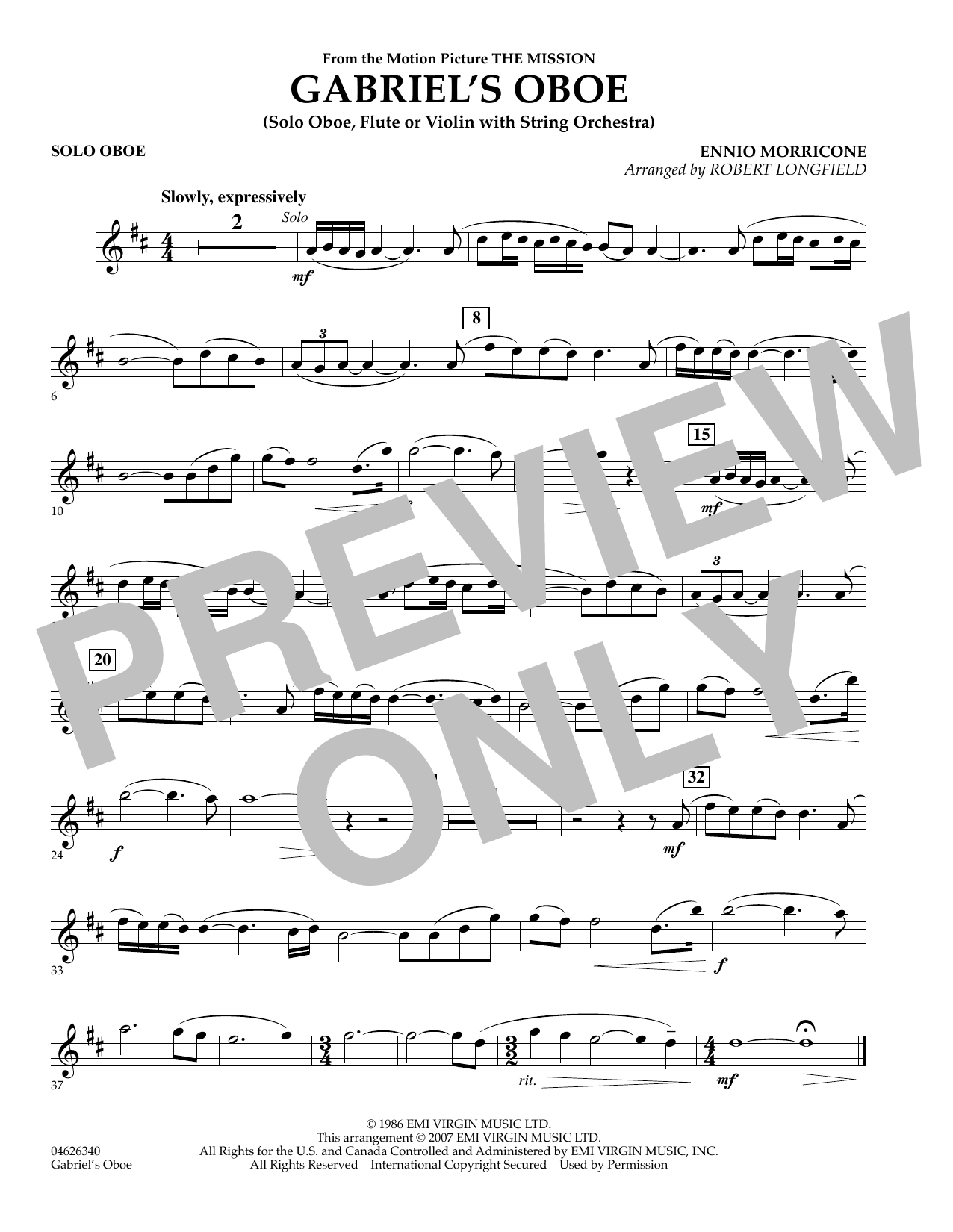 Gabriel's Oboe (from The Mission) - Solo Oboe