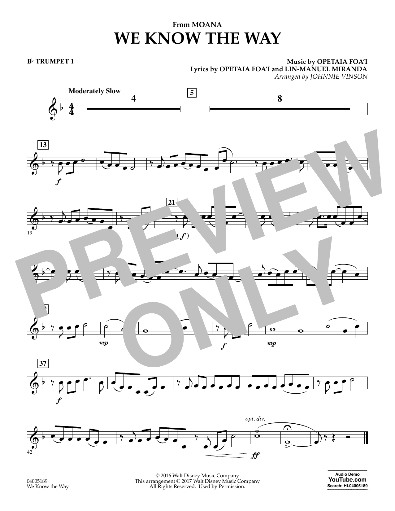 We Know the Way (from Moana) (arr. Johnnie Vinson) - Bb Trumpet 1