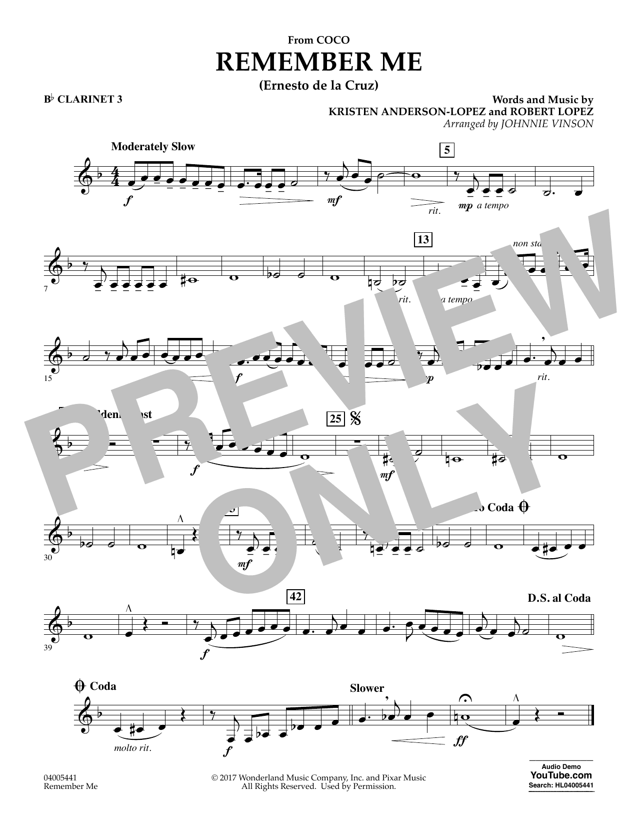 Remember Me (from Coco) (arr. Johnnie Vinson) - Bb Clarinet 3