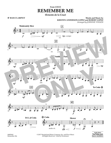 Remember Me (from Coco) (arr. Johnnie Vinson) - Bb Bass Clarinet