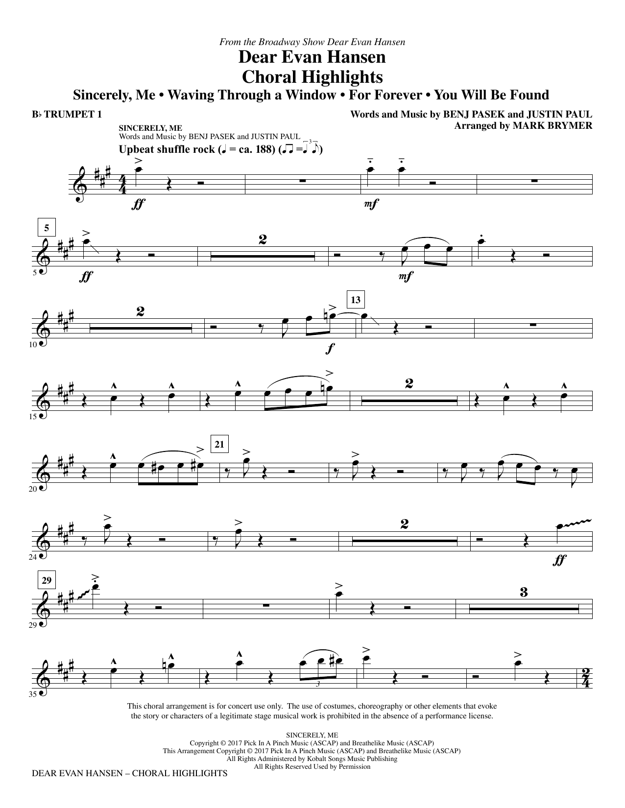 Dear Evan Hansen (Choral Highlights) - Bb Trumpet 1