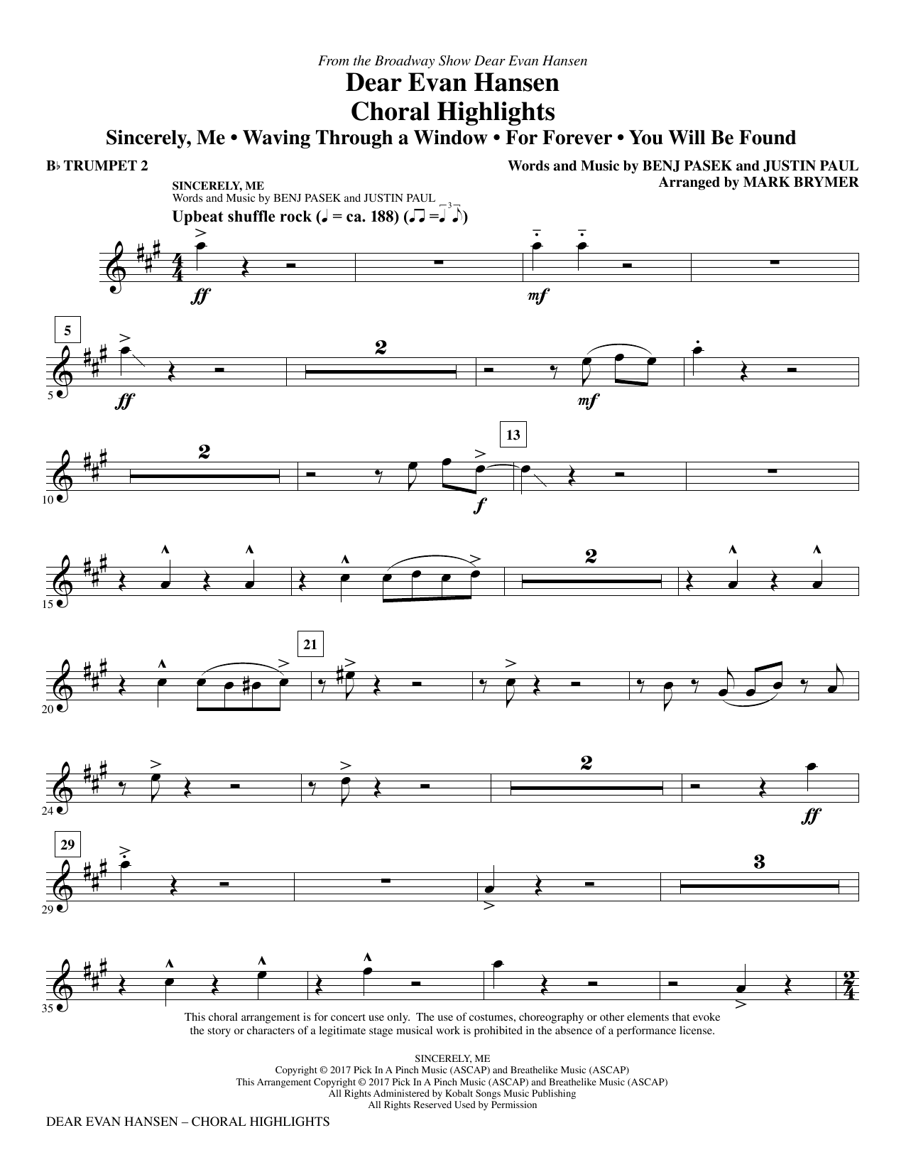 Dear Evan Hansen (Choral Highlights) - Bb Trumpet 2