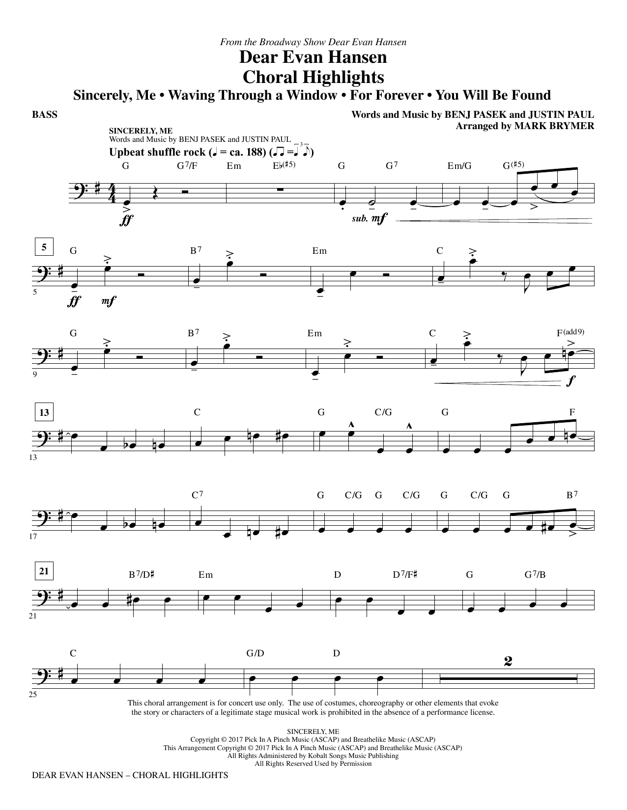 Dear Evan Hansen (Choral Highlights) - Bass
