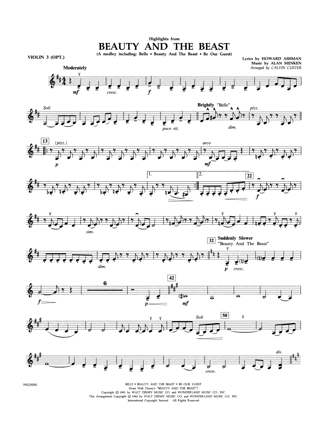 Beauty and the Beast Highlights (arr. Calvin Custer) - Violin 3