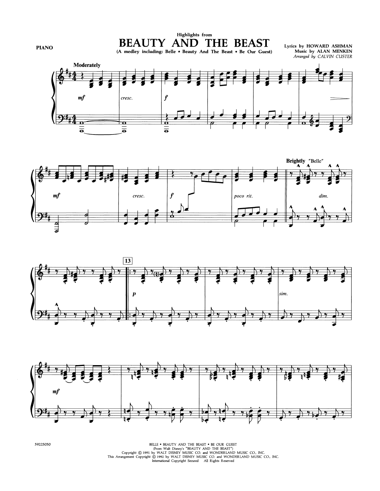 Beauty and the Beast Highlights (arr. Calvin Custer) - Piano