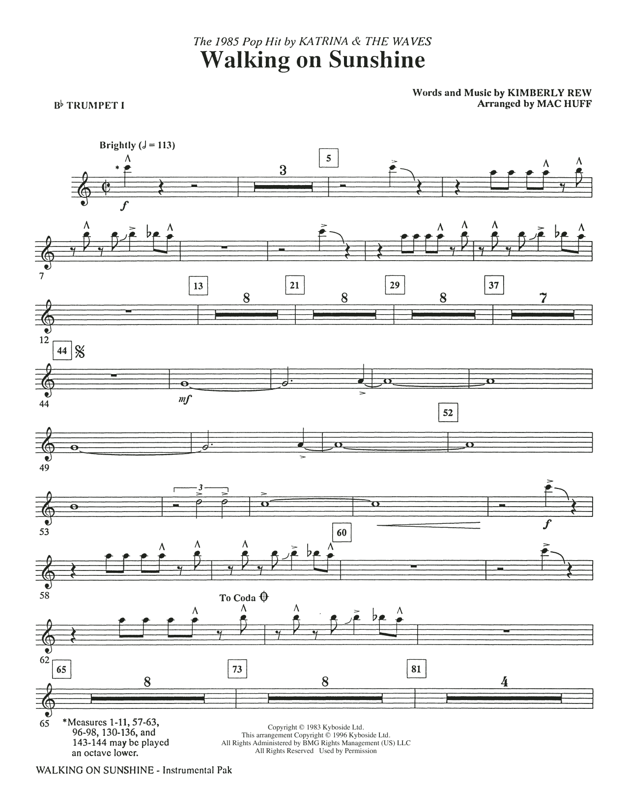 Walking on Sunshine (arr. Mac Huff) - Bb Trumpet 1