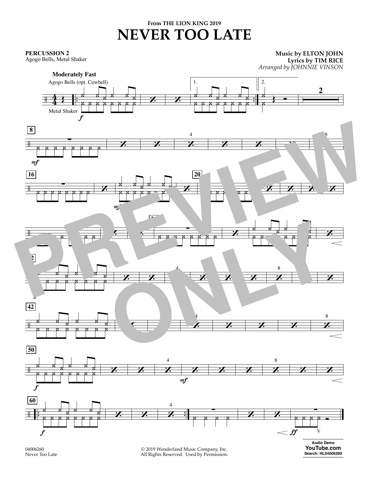 Never Too Late (from The Lion King 2019) (arr. Johnnie Vinson) - Percussion 2