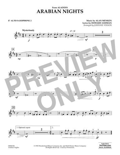 Arabian Nights (from Disney's Aladdin) (arr. Johnnie Vinson) - Eb Alto Saxophone 2