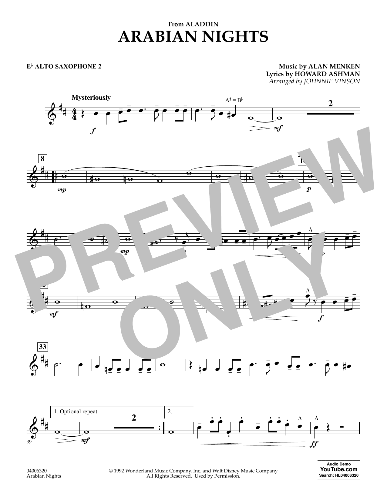 Arabian Nights (from Disney's Aladdin) (arr. Johnnie Vinson) - Eb Alto Saxophone 2