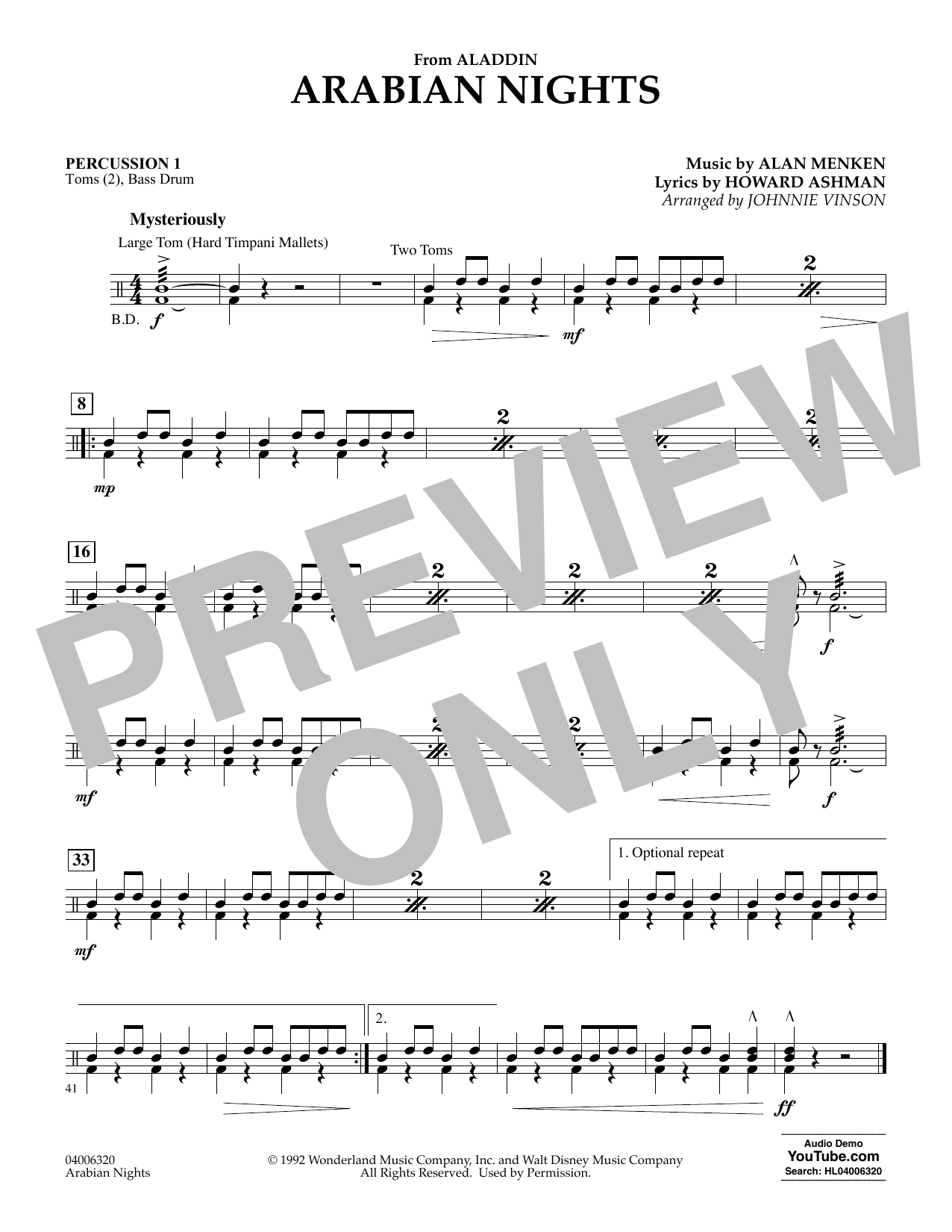 Arabian Nights (from Disney's Aladdin) (arr. Johnnie Vinson) - Percussion 1