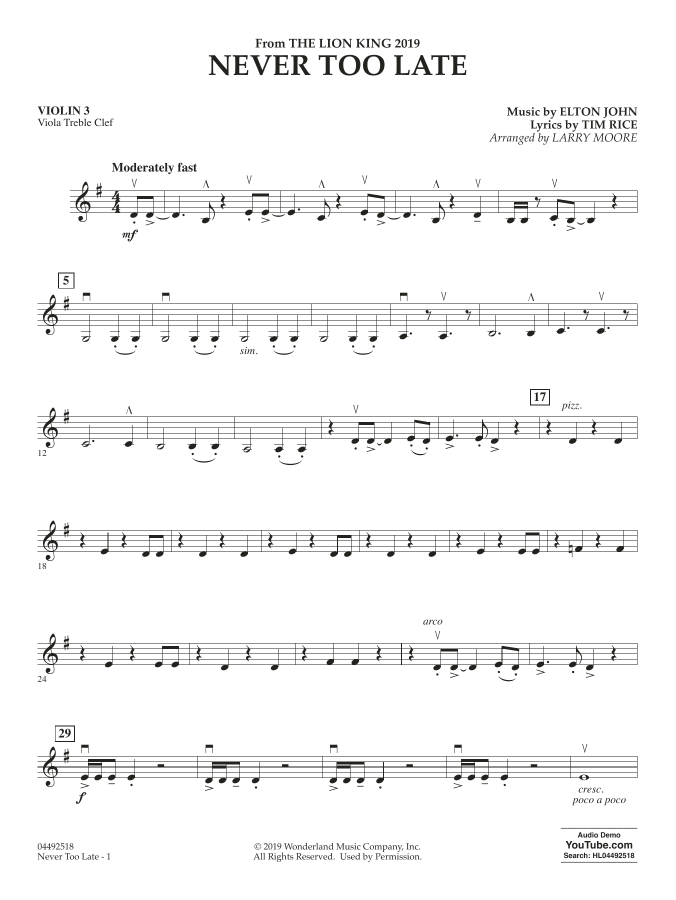 Never Too Late (from The Lion King 2019) (arr. Larry Moore) - Violin 3 (Viola Treble Clef)