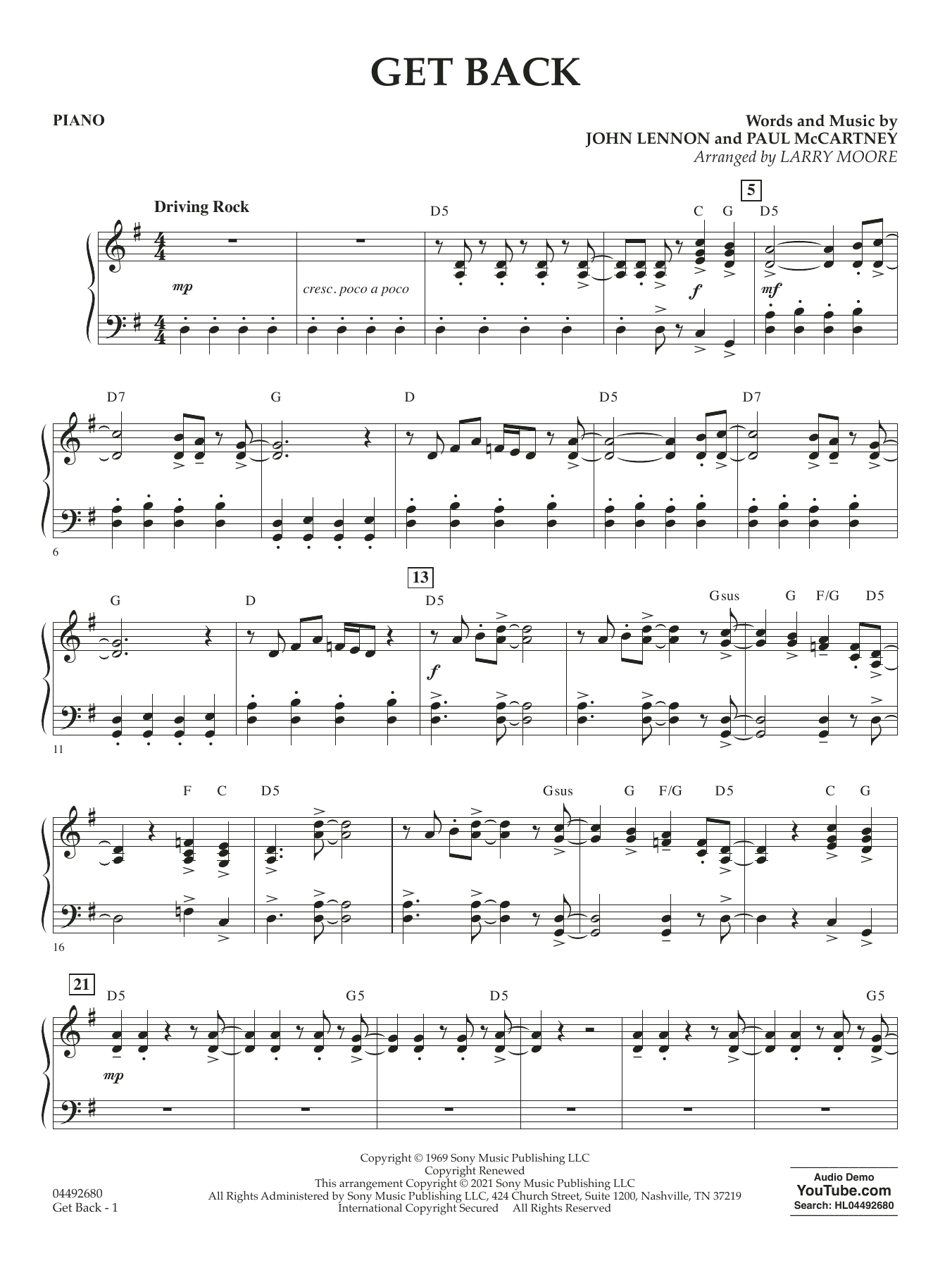 Get Back (arr. Larry Moore) - Piano
