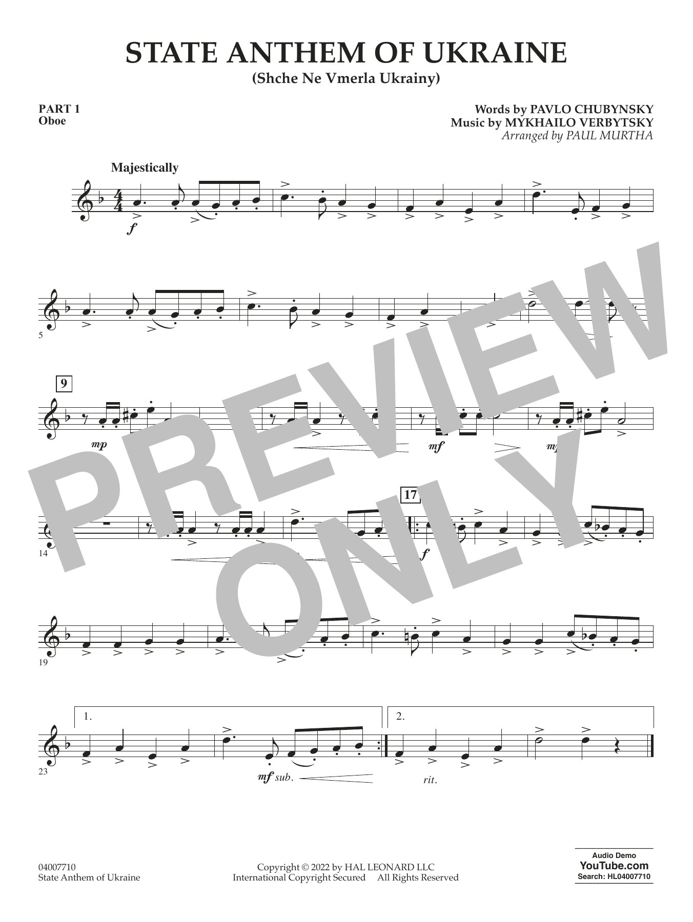 State Anthem of Ukraine (Shche Ne Vmerla Ukrainy) (arr. Murtha) - Pt.1 - Oboe