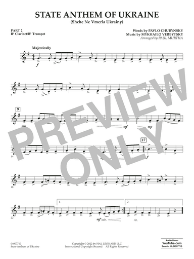 State Anthem of Ukraine (Shche Ne Vmerla Ukrainy) (arr. Murtha) - Pt.2 - Bb Clarinet/Bb Trumpet