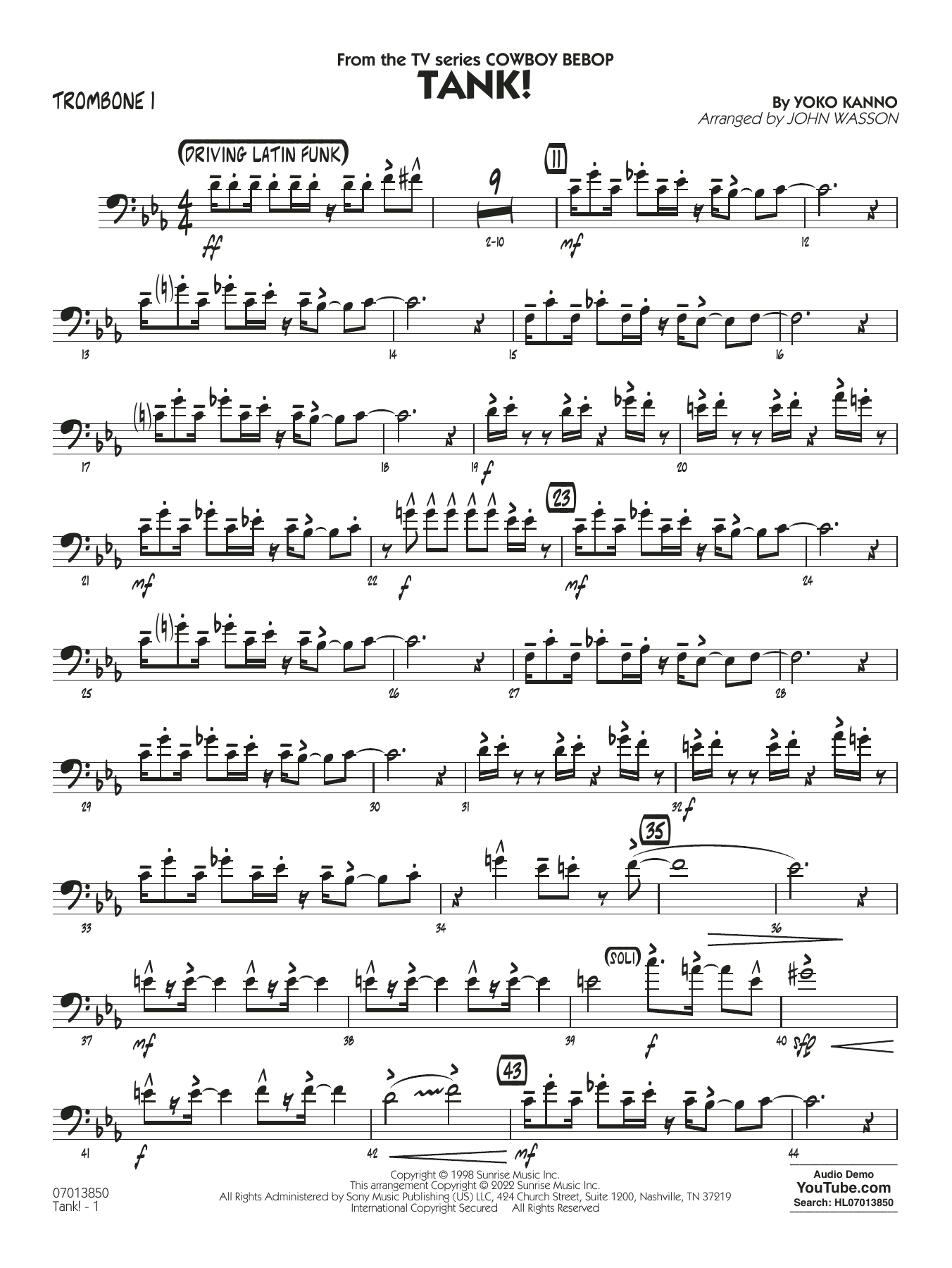 Tank! (from Cowboy Bebop) (arr. John Wasson) - Trombone 1