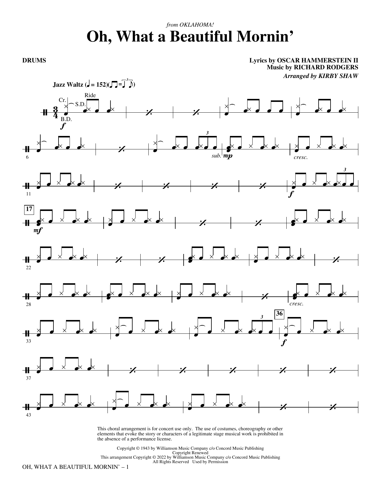 Oh, What A Beautiful Mornin' (from Oklahoma!) (arr. Kirby Shaw) - Drums
