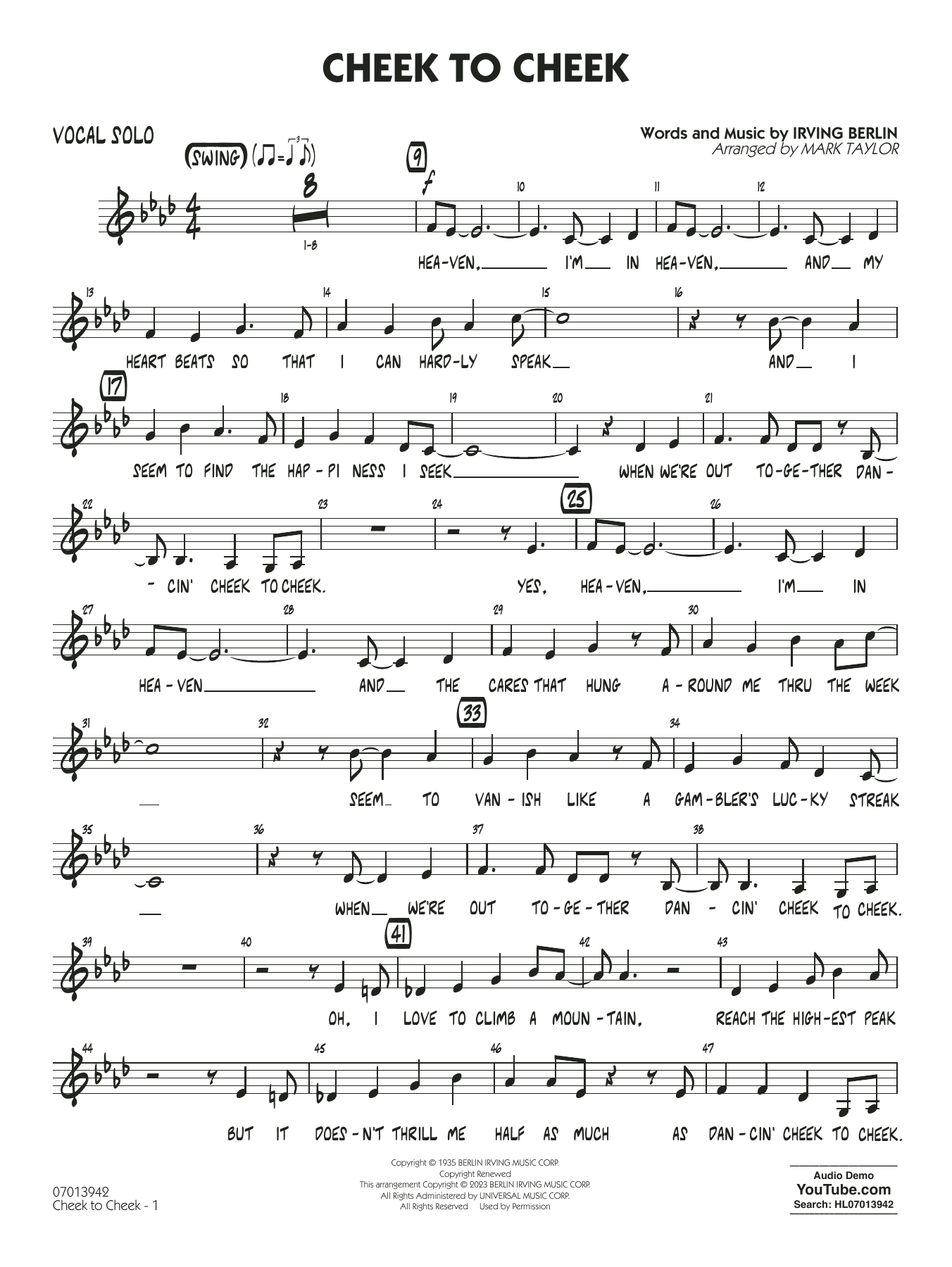 Cheek to Cheek (Key: Ab) (arr. Mark Taylor) - Vocal Solo