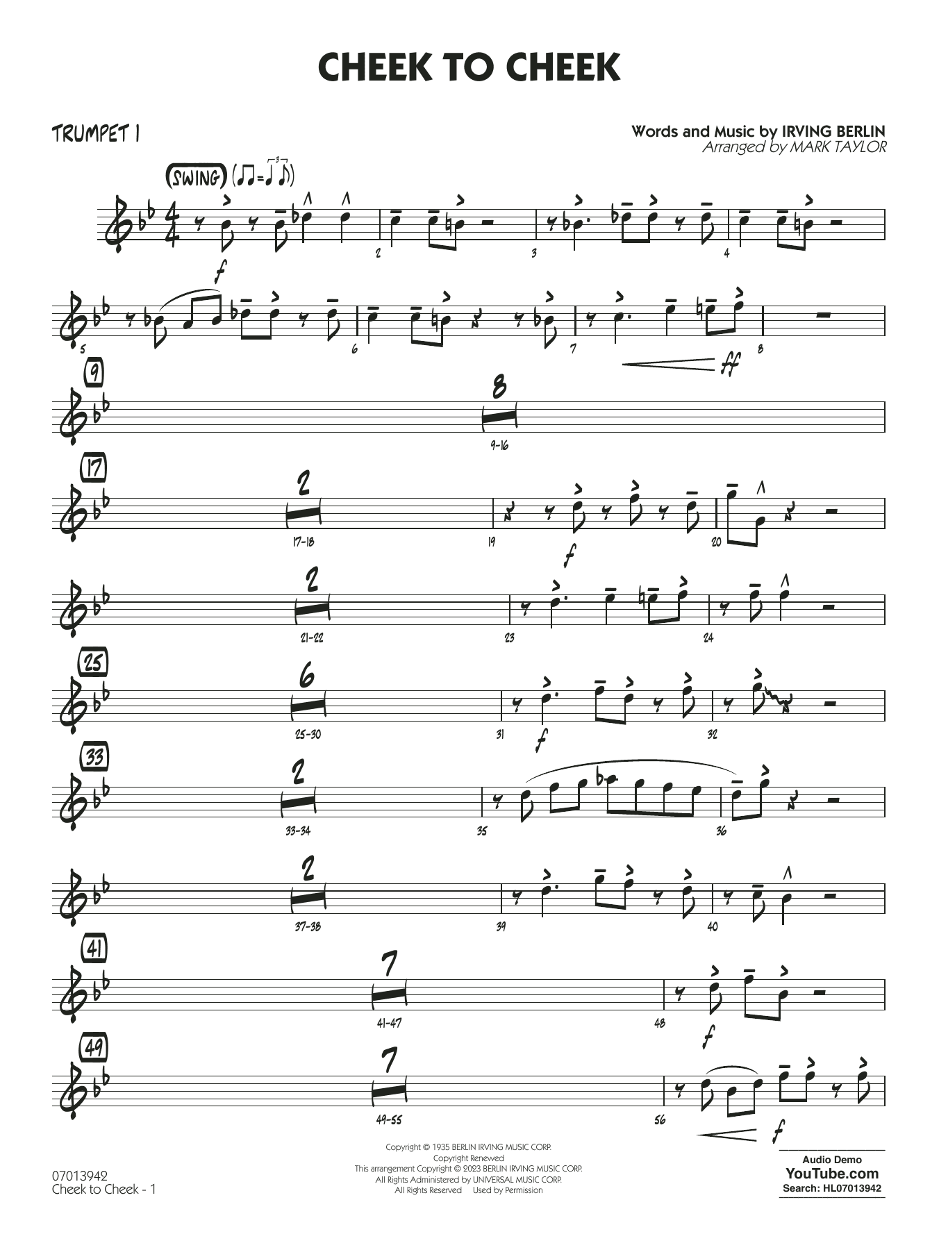 Cheek to Cheek (Key: Ab) (arr. Mark Taylor) - Trumpet 1
