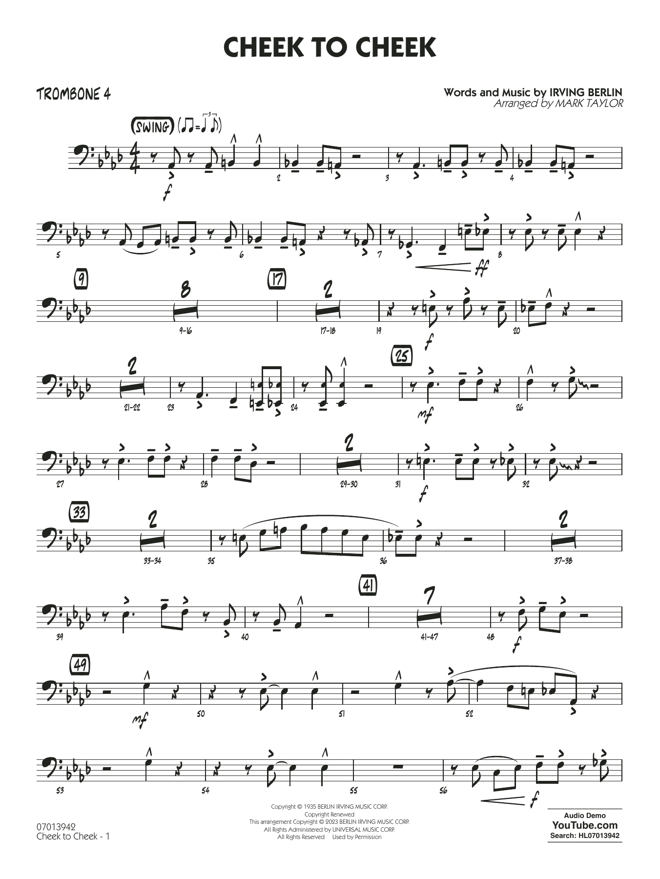 Cheek to Cheek (Key: Ab) (arr. Mark Taylor) - Trombone 4