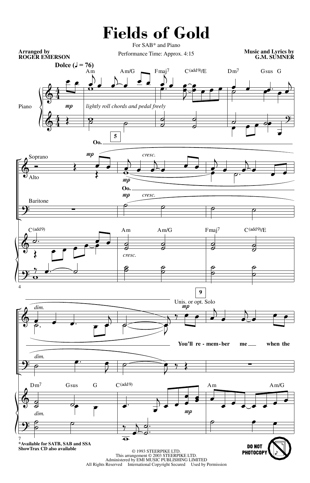 Fields Of Gold (arr. Roger Emerson)