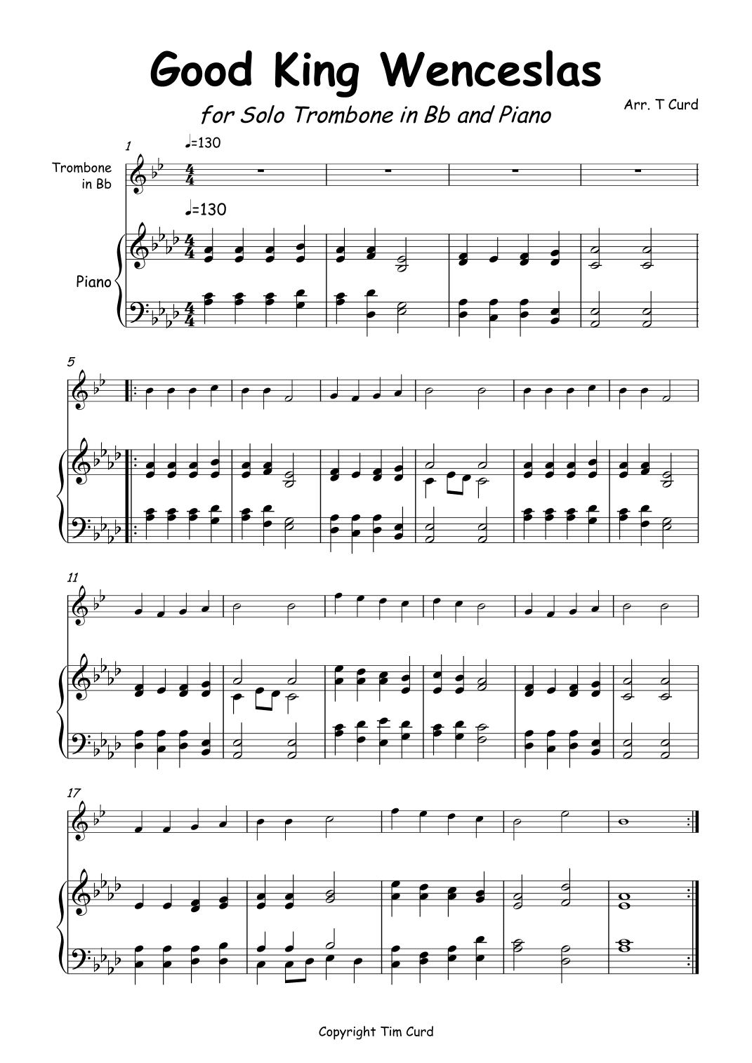 Good King Wenceslas for Trombone in Bb and Piano (arr. Tim Curd)