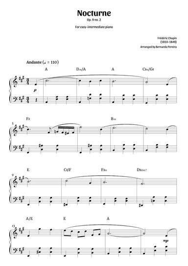 Nocturne Op. 9 no. 2 (easy-intermediate piano in A major – clean with chords) (arr. Bernardo Pereira)