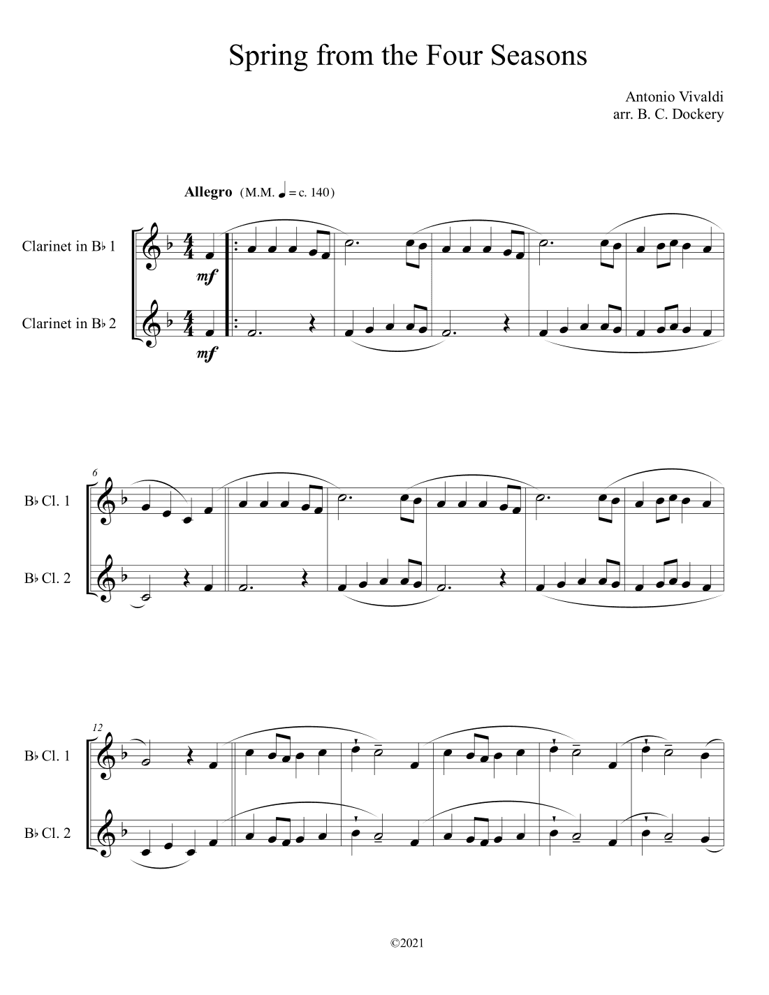Spring from the Four Seasons (Clarinet Duet) (arr. B. C. Dockery)