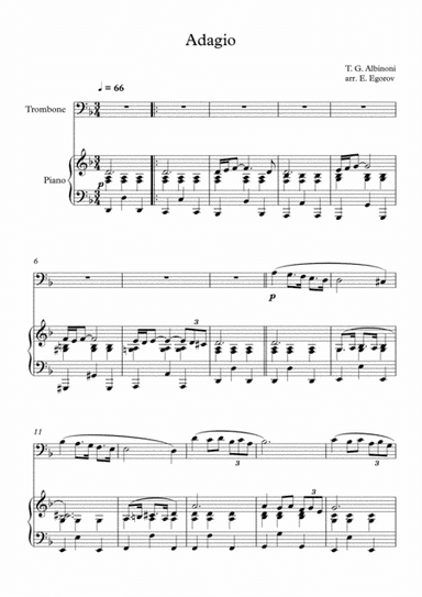 Adagio (In G Minor), Tomaso Giovanni Albinoni, For Trombone & Piano (arr. Eugene Egorov)