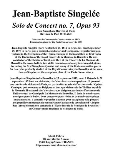 Jean-Baptiste Singelée Solo de Concert no. 7, Opus 93 pour Saxophone Baryton et Piano (arr. Musik Fabrik Music Publishing)