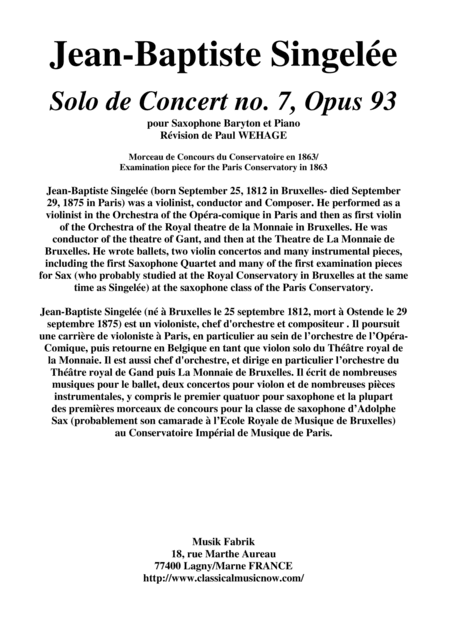 Jean-Baptiste Singelée Solo de Concert no. 7, Opus 93 pour Saxophone Baryton et Piano (arr. Musik Fabrik Music Publishing)