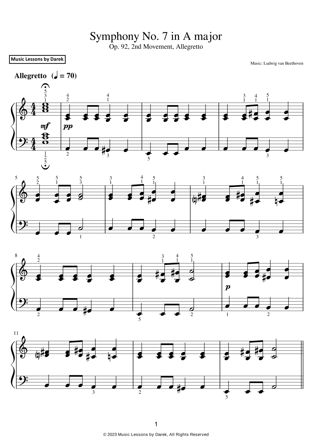 Symphony No. 7 in A major (EASY PIANO) Op. 92, 2nd Movement, Allegretto [Ludwig van Beethoven] (arr. Darek)