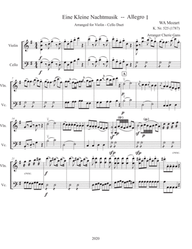 Mozart Eine Kleine Nachtmusik arranged for Violin - Cello Duet SCORE only (arr. Cherie Gans)